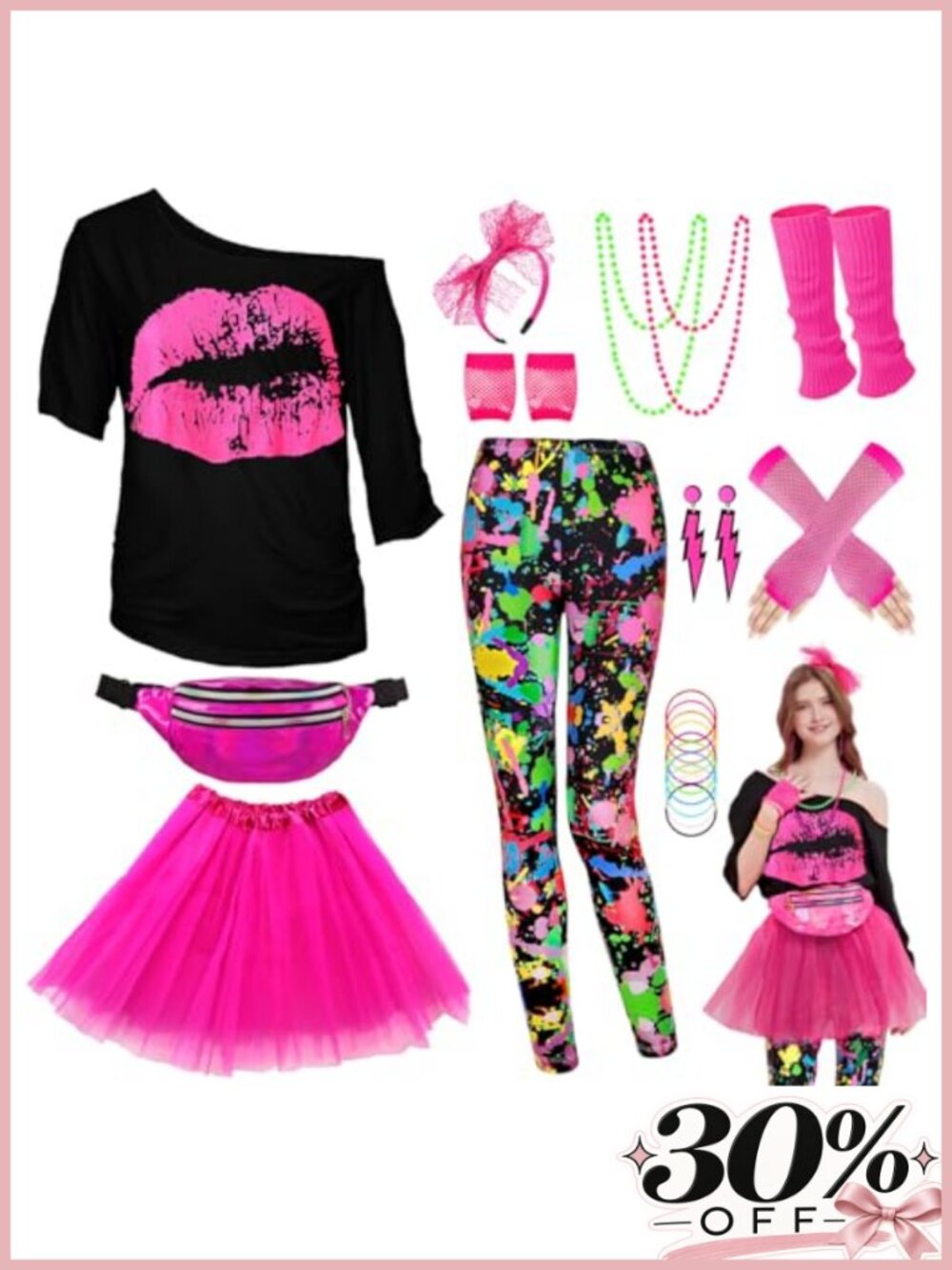 80s Outfit Costume Set for Women T-Shirt Leggings Tutu Fishnet Gloves 25 Pc